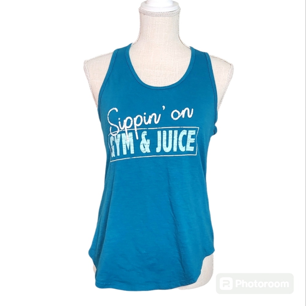 BCG Sippin’ on Gym & Juice Blue Racerback Tank Top Athletic Workout Tee